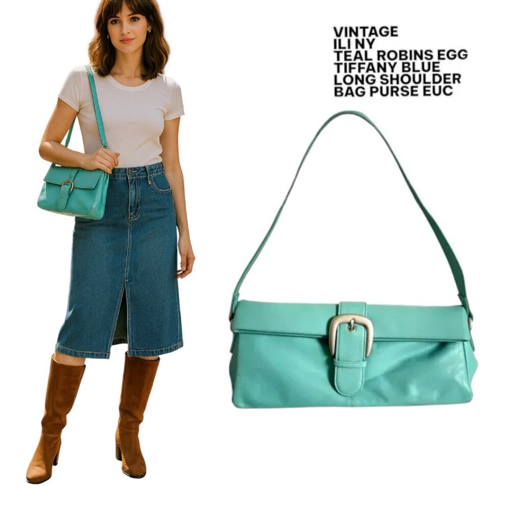 Y2K VTG. ILI NY TIFFABY BLUE LEATHER LONG SHOULDER‎ BAG PURSE EUC.